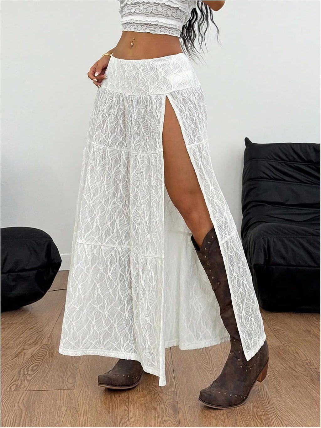 RoseSeek Women's Western High Low Fringe Cowgirl Boho Lace Maxi Skirt