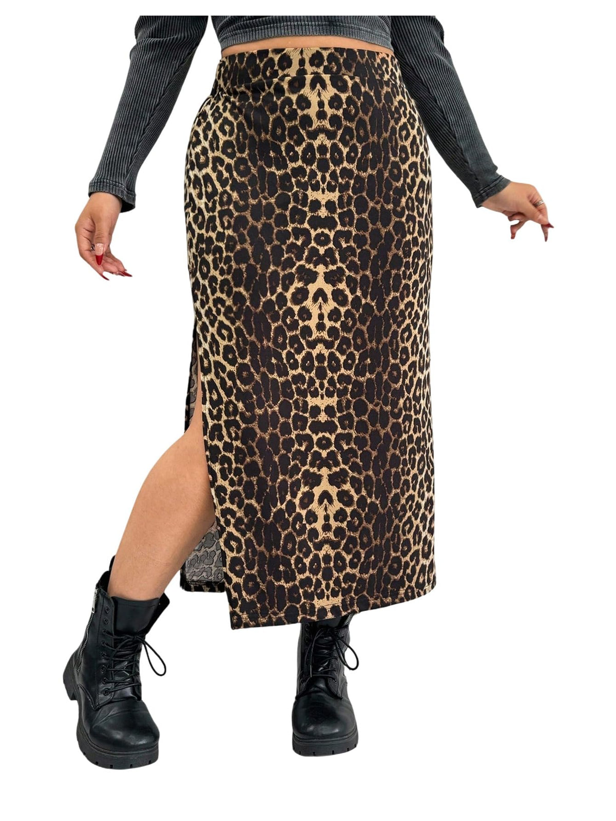 WDIRARA Women's Plus Size Checkered Split Midi High Waist Pencil Skirt