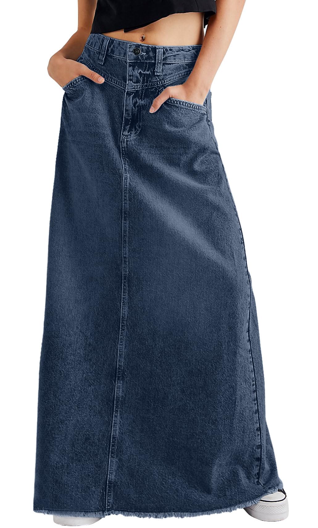 CHARTOU Women Vintage Denim Maxi Skirt Frayed Raw Hem High Waist A-Line Long Jean Skirt