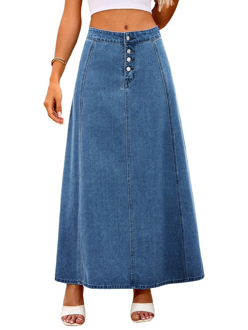 ebossy Women's High Waist Denim Skirt Classic 4-Button Flare A Line Stretch Maxi Long Jean Skirts with Pockets