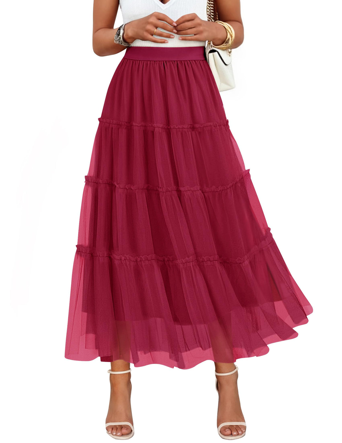 ZESICA Women's Tulle A-Line Flowy Ruffle Tiered Fall Trendy Maxi Skirts