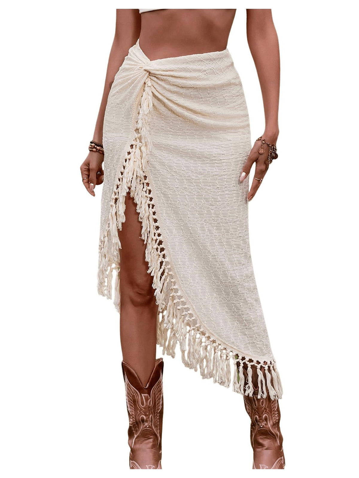 SHENHE Women's Twist Front Slit Boho Fringe Tassel Midi Skirt