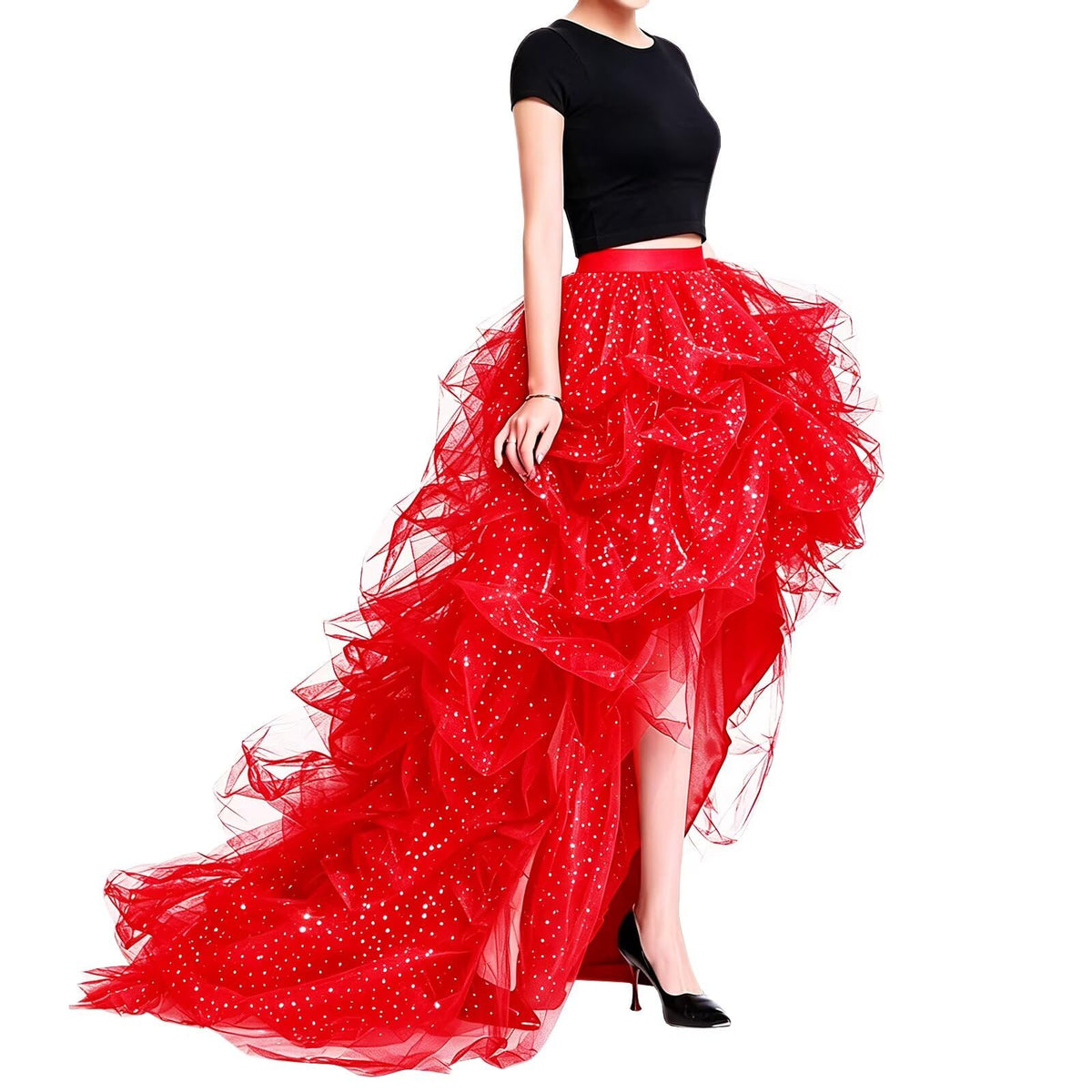 WDPL Women’s High Low Ruffled Tulle Skirt, Long Back Hem for Party Evening