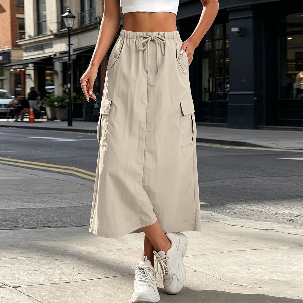 Women's Cargo Skirts Elastic Waist Drawstring Utility Midi Skirt with Multi-Pockets Casual Trendy Streetwear Skirts