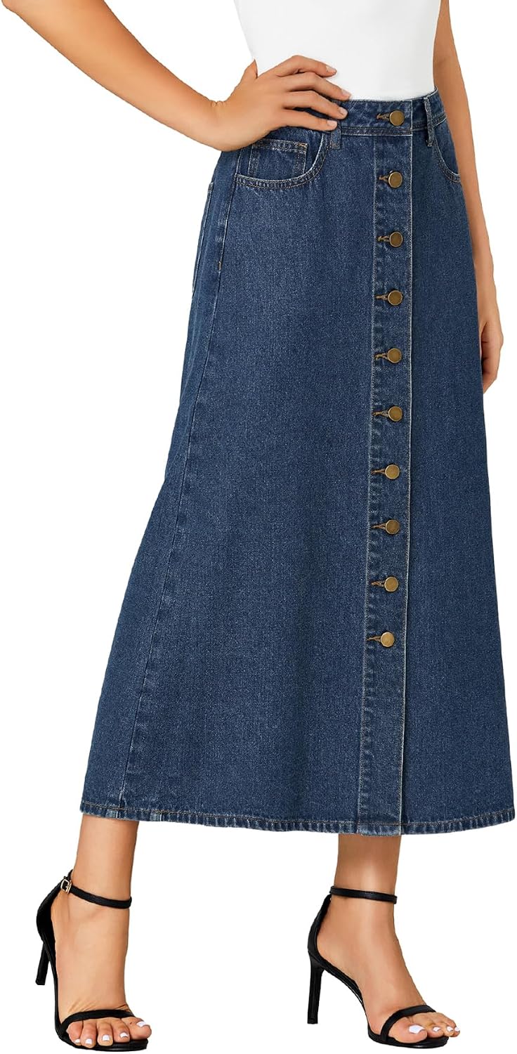 Vrtige Women's High Waisted Long Denim Skirt
