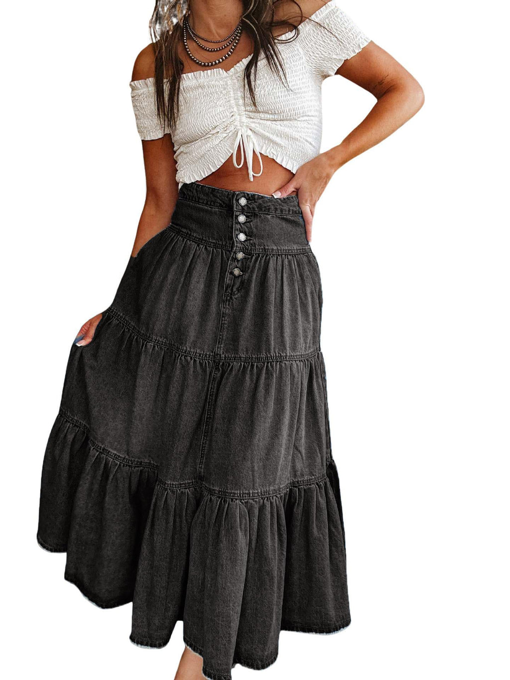 utcoco Women's High Waist Long Denim Skirt Button-Fly Tiered Ruffle Swing A-Line Jean Maxi Skirt with Pockets