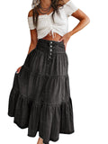 utcoco Women's High Waist Long Denim Skirt Button-Fly Tiered Ruffle Swing A-Line Jean Maxi Skirt with Pockets