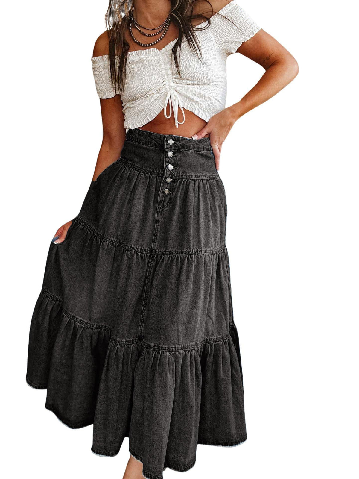 utcoco Women's High Waist Long Denim Skirt Button-Fly Tiered Ruffle Swing A-Line Jean Maxi Skirt with Pockets