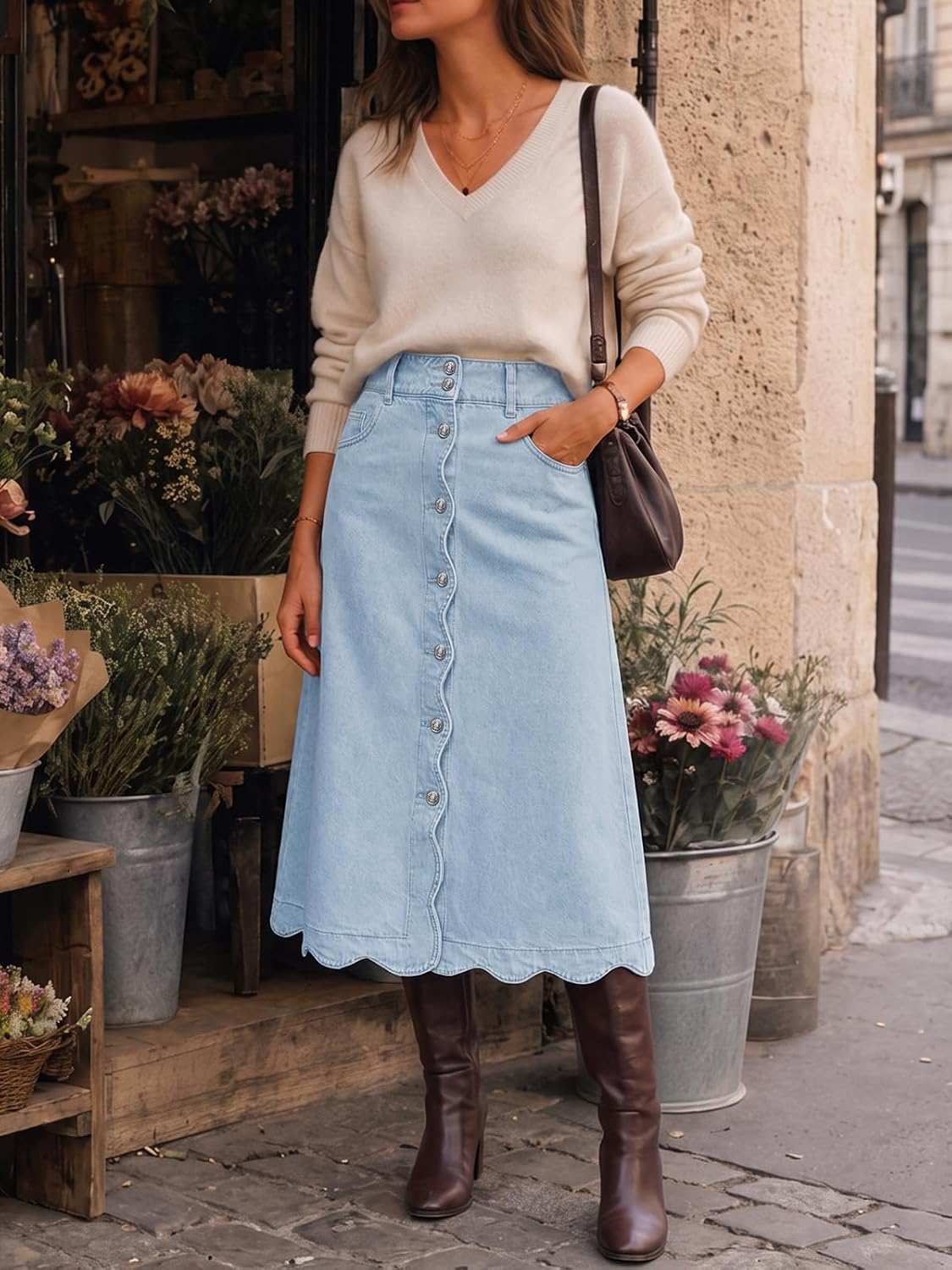 Flowyair Womens Button Down Scalloped Jean Skirt High Waisted Midi Skirts