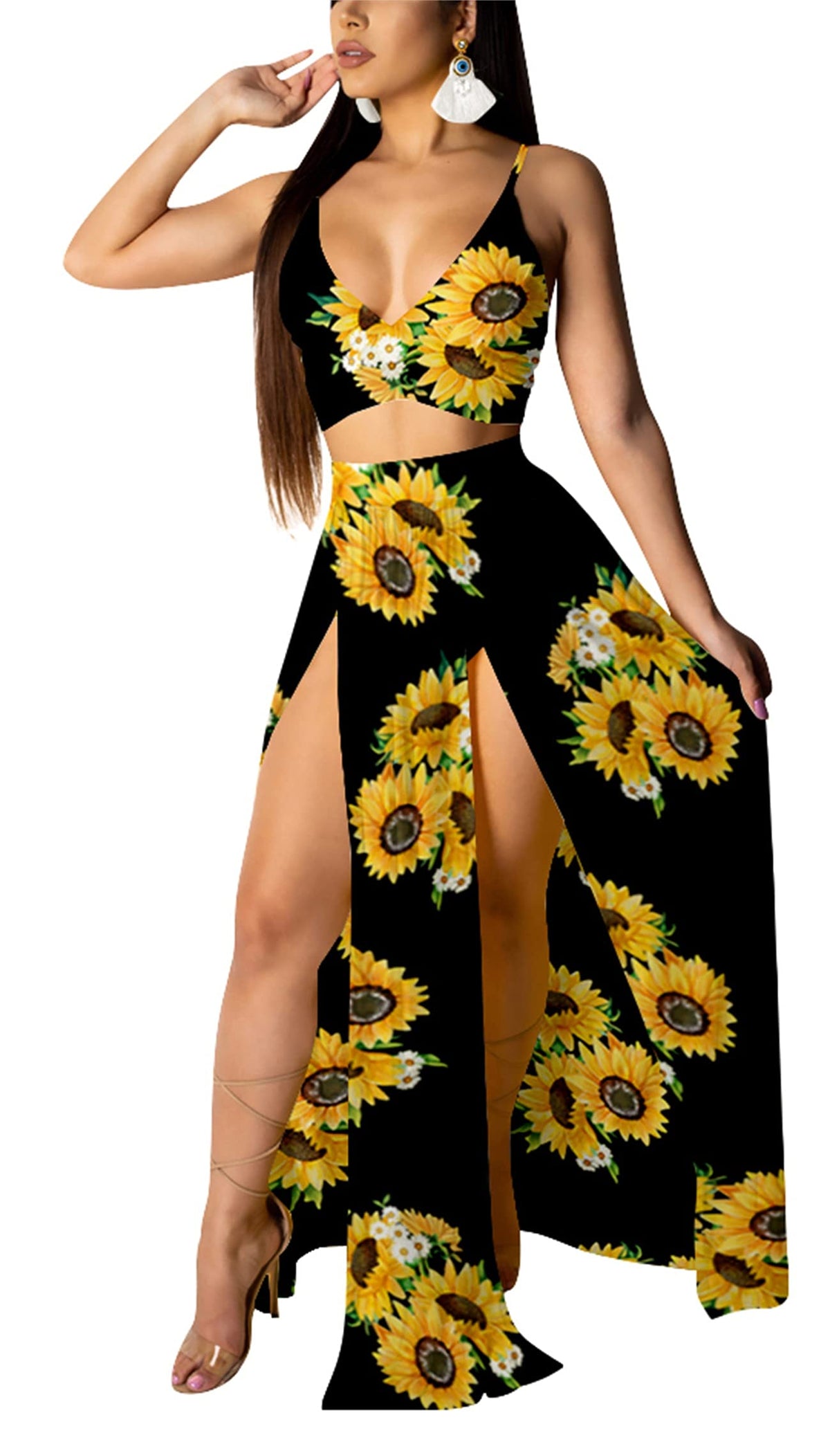 Women Sexy 2 Piece Outfits Dress Chiffon Strap Deep V Neck Bra Crop Top High Split Maxi Dresses Skirt Set
