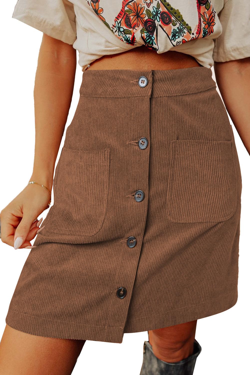 Happy Sailed Womens Corduroy Skirts Fall Winter High Waisted Button Down A-line Short Mini Skirt with Pockets
