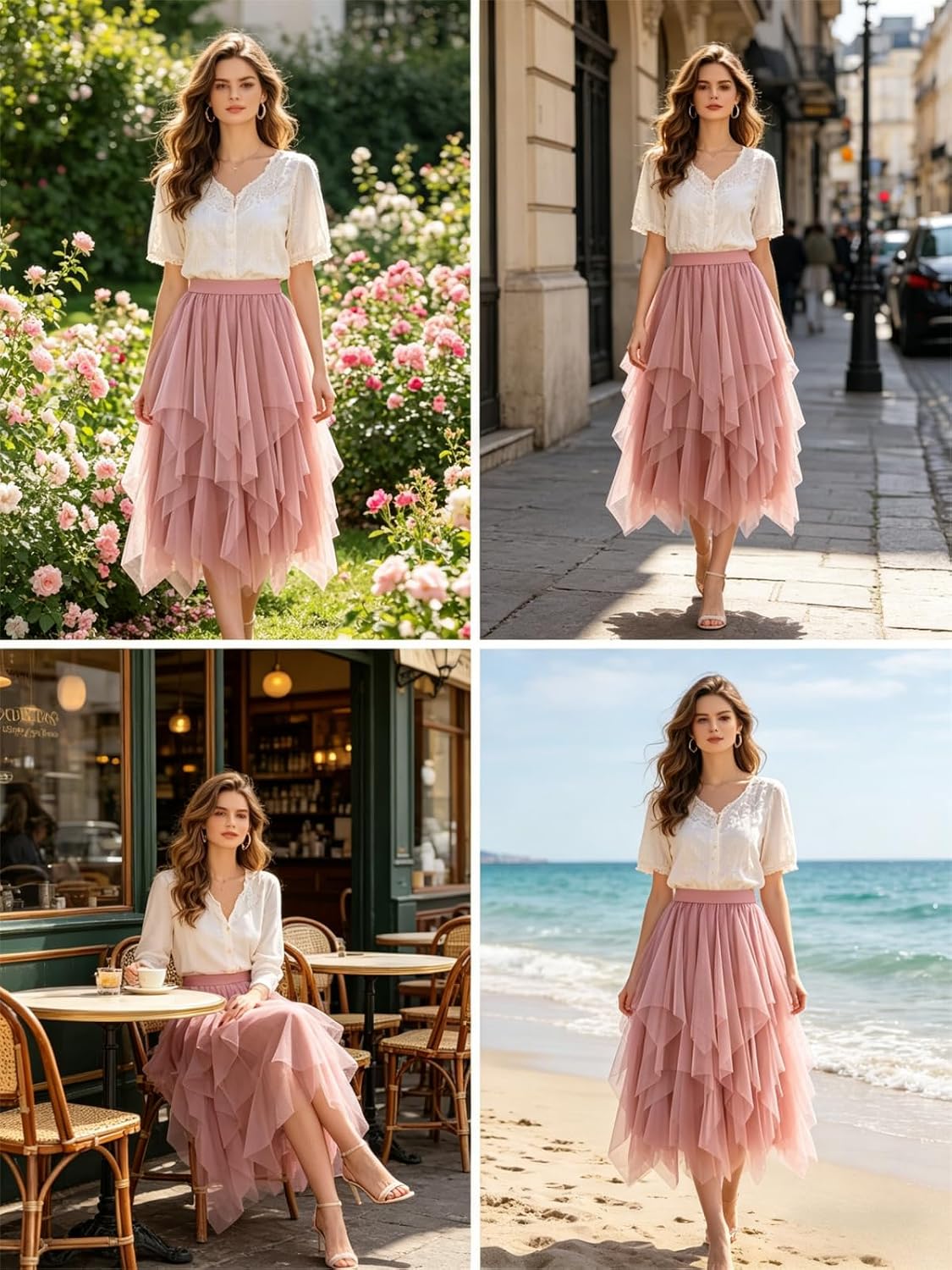 Women's Tulle Skirt High Low Layered A-Line Midi Fairy Skirt - Midi Length Irregular Tutu Skirt for Party 80s Outfit