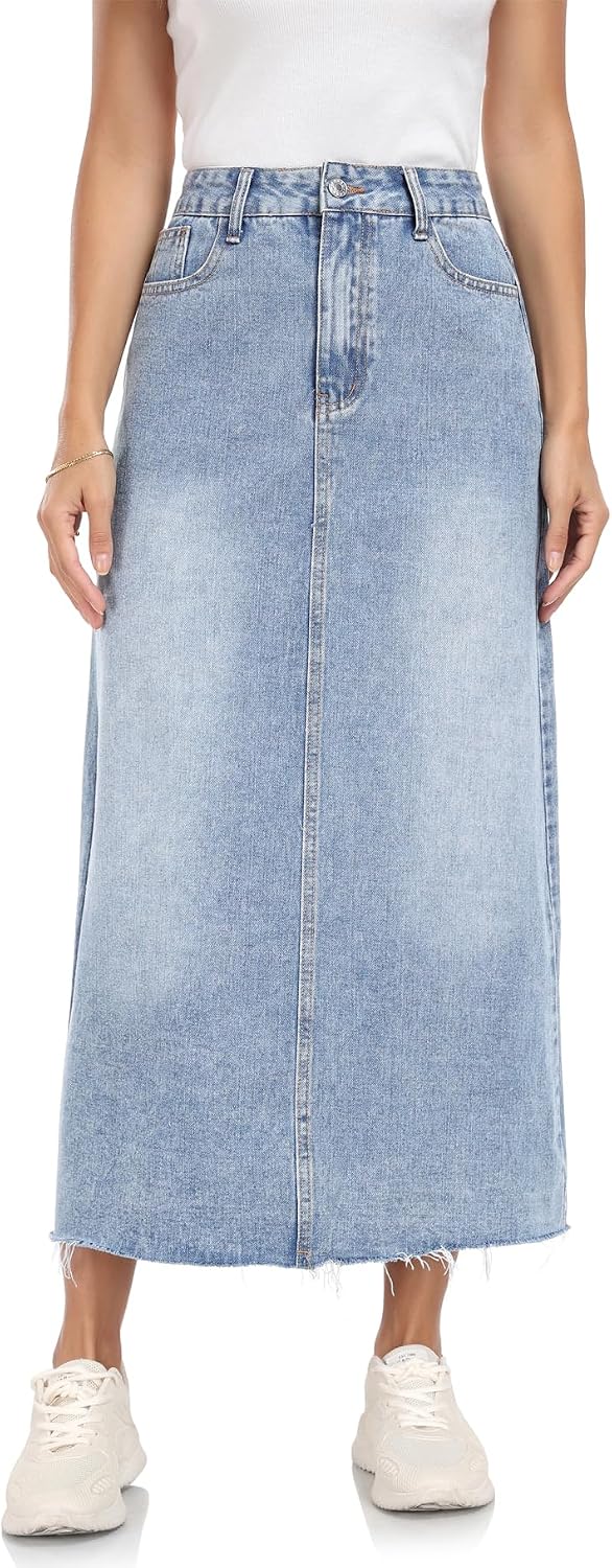 MISS MOLY Women's Jean Skirt Stretch High Waisted Frayed Raw Hem A Line Denim Midi Skirt with Pockets