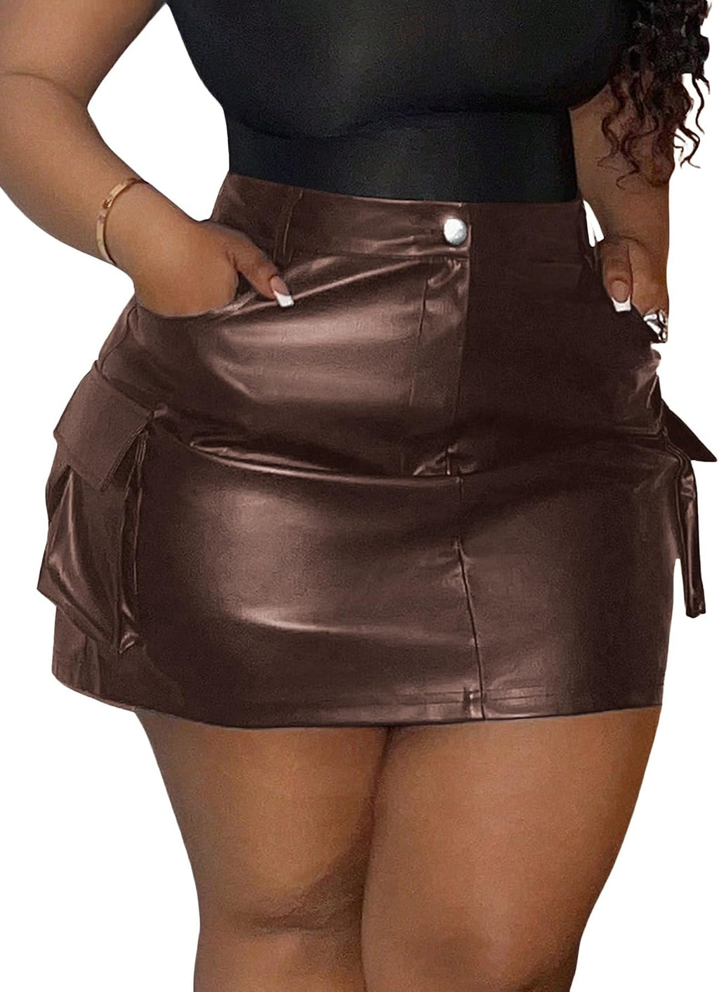 WDIRARA Women's Plus Size PU Leather Mini Skirt Flap Pocket Cargo Skirt