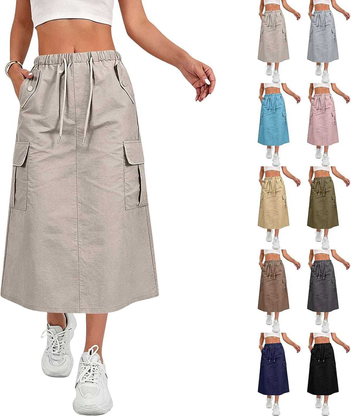 Cargo Skirts for Women Y2K Quick Dry Hiking Maxi Skirt Casual Drawstring High Waisted Parachute Skirts with Pockets