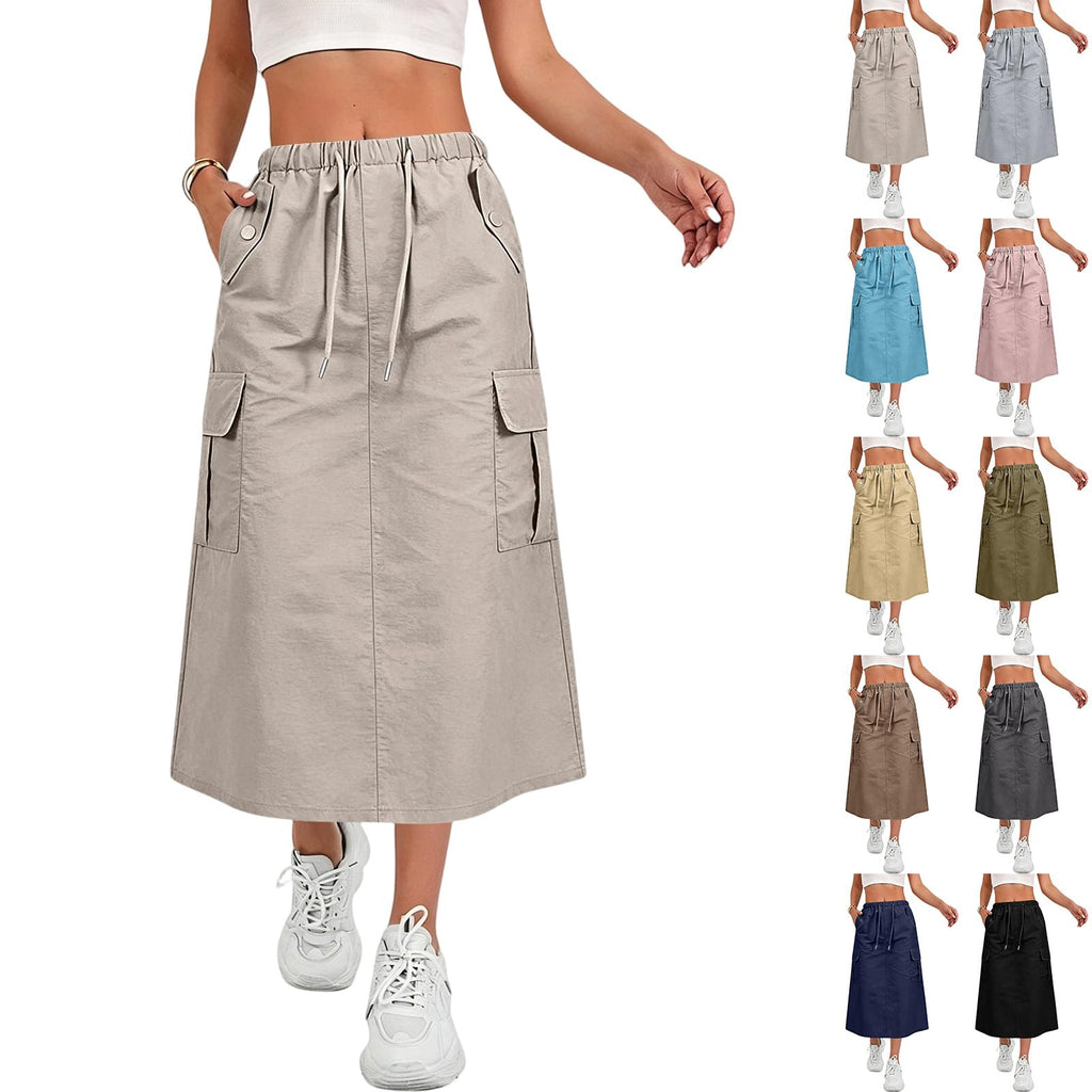 Cargo Skirts for Women Y2K Quick Dry Hiking Maxi Skirt Casual Drawstring High Waisted Parachute Skirts with Pockets