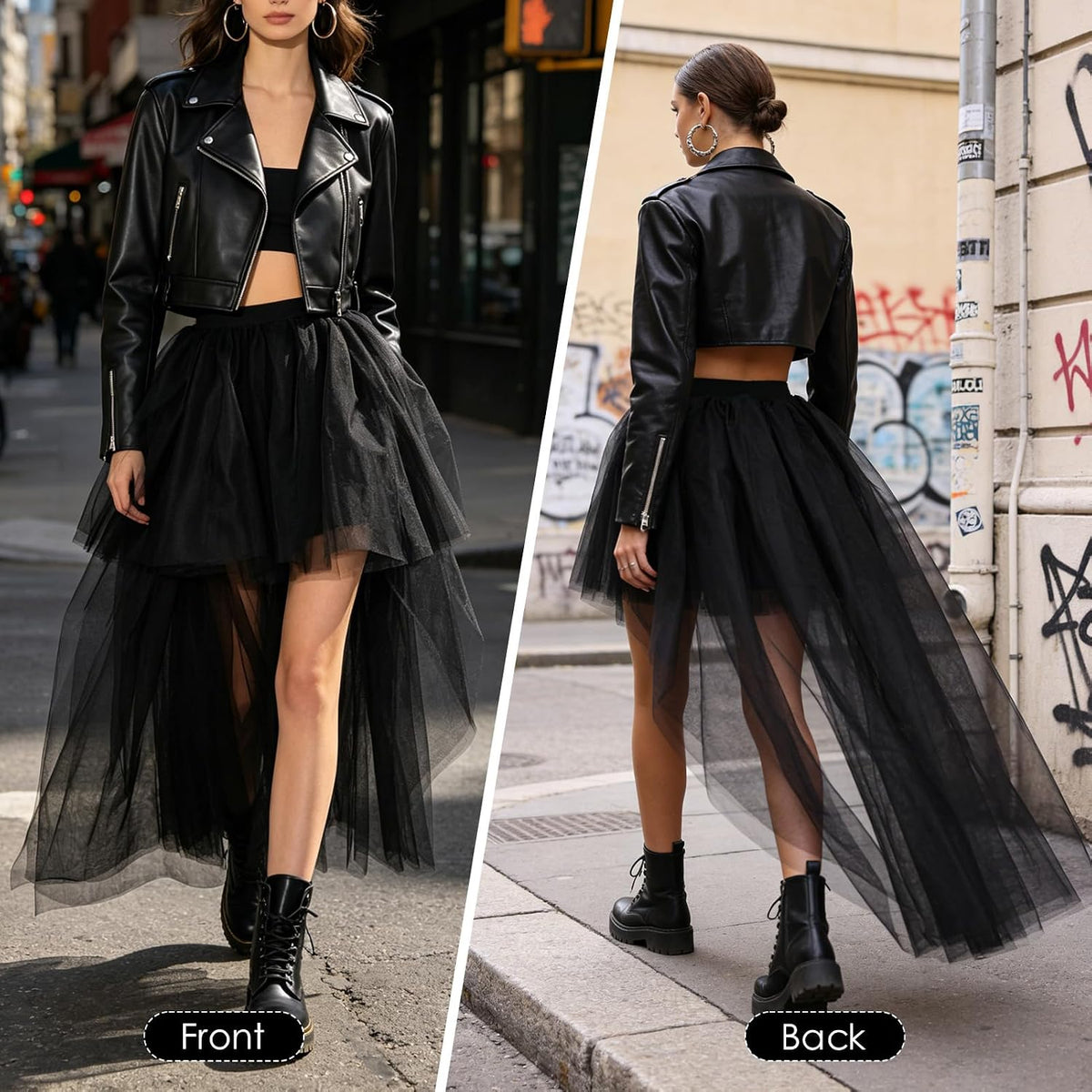 Women High Low Tutu Tulle Bustle Skirt Elastic Waist Dovetail Skirts for Wedding Party Performance