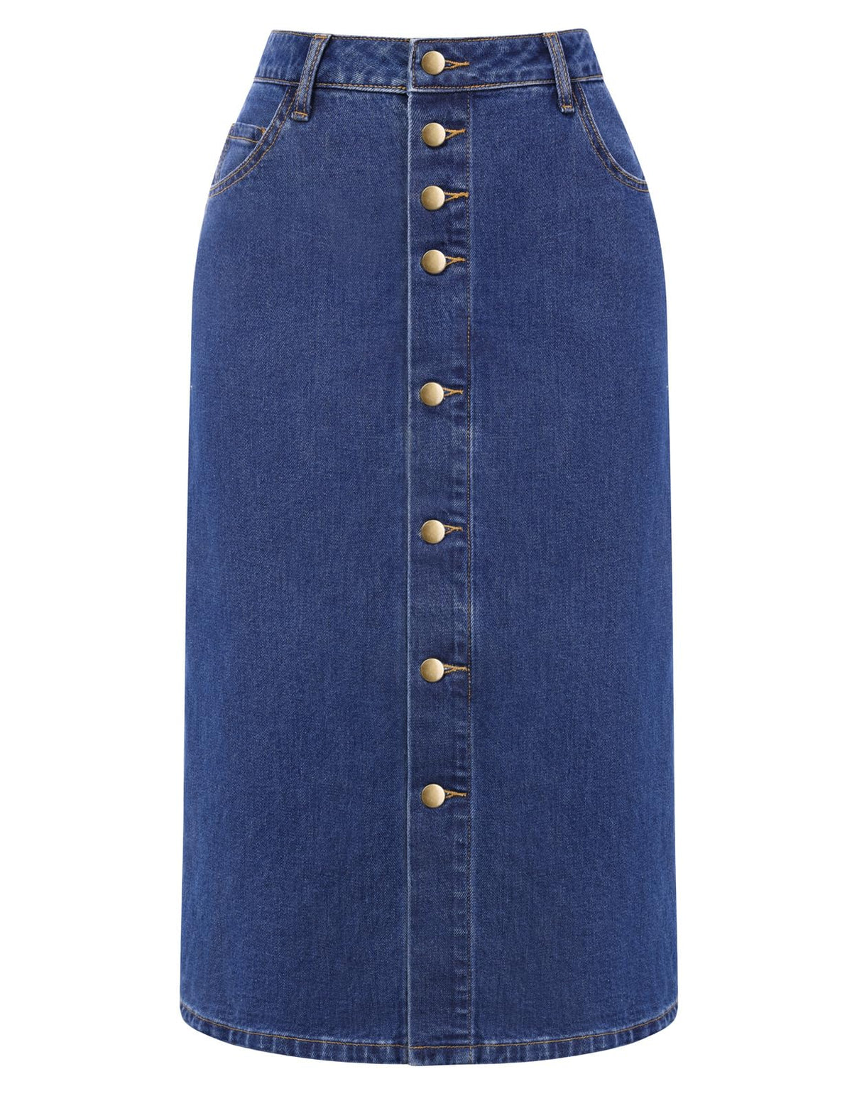 Belle Poque Jean Skirts for Women Denim High Waisted Stretch Below Knee Length Button Front Slit Midi Skirt with Pockets