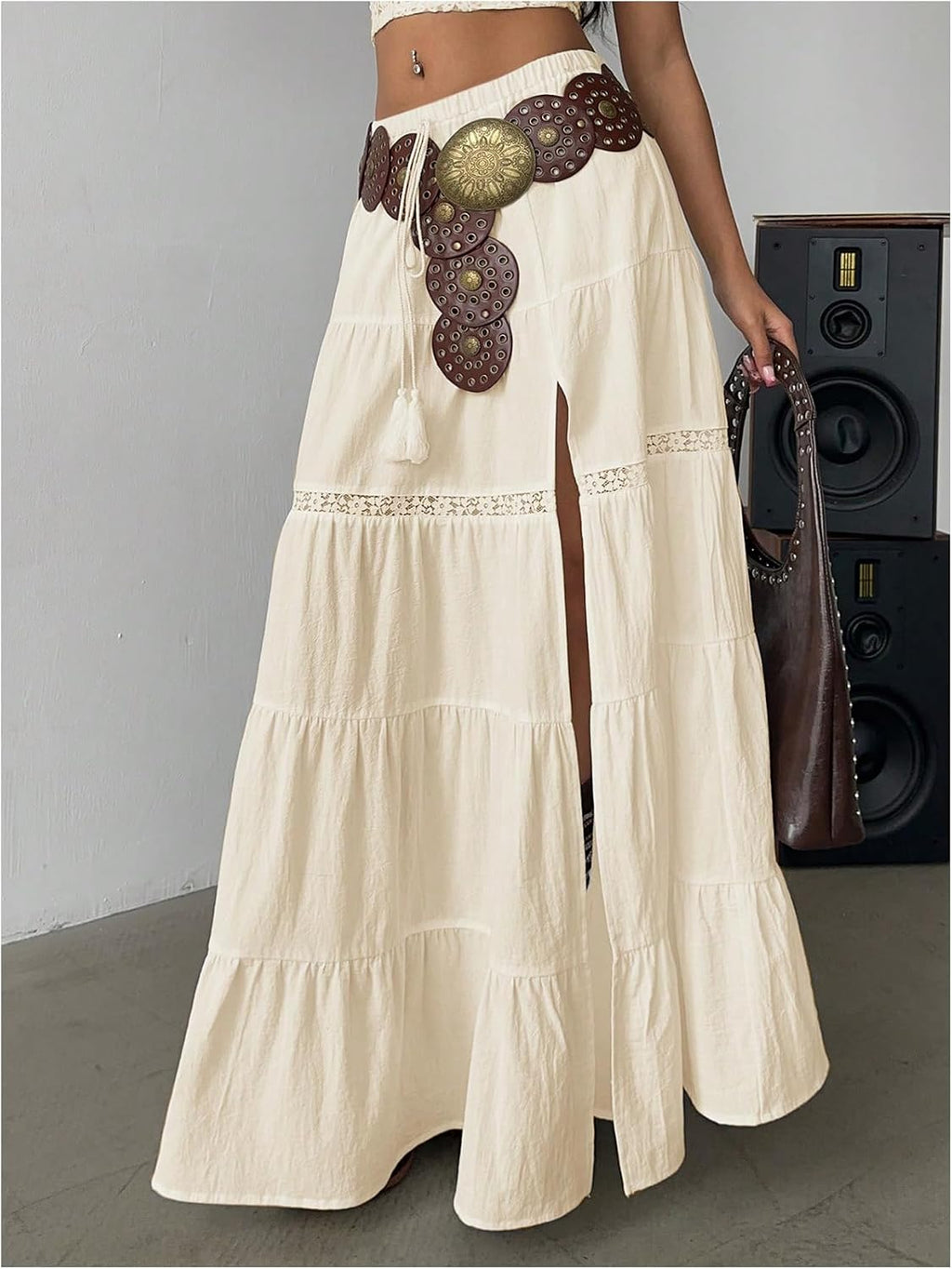 Verdusa Women's Long Maxi Skirts Boho Western Country Cncert Outfits Lace Skirt Split Layered Ruffle Skirt