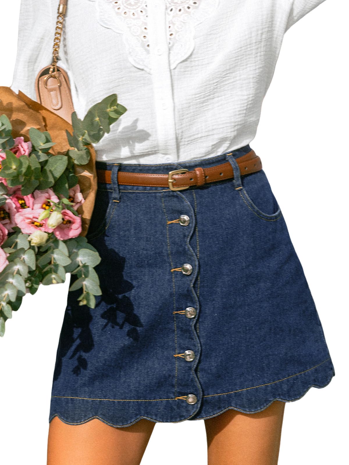 CUPSHE Women’s Denim Mini Skirt Button Front A-Line Scalloped Jeans
