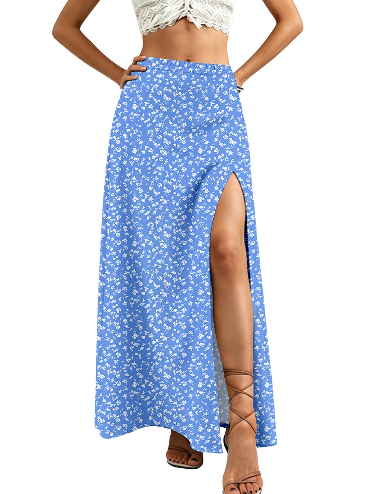 Women Summer Boho Floral Slit Maxi Skirt Split Thigh High Waisted Long Skirts