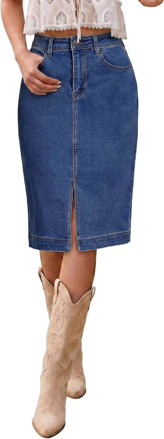 luvamia Jean Skirts for Women Denim Midi Below Knee Pencil Skirt with Slit