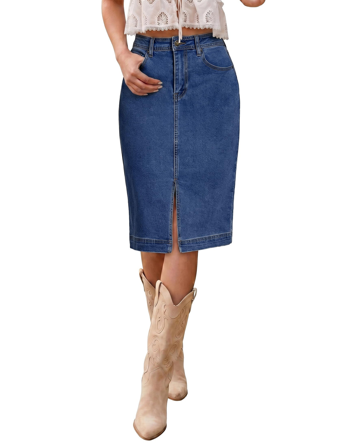 luvamia Jean Skirts for Women Denim Midi Below Knee Pencil Skirt with Slit