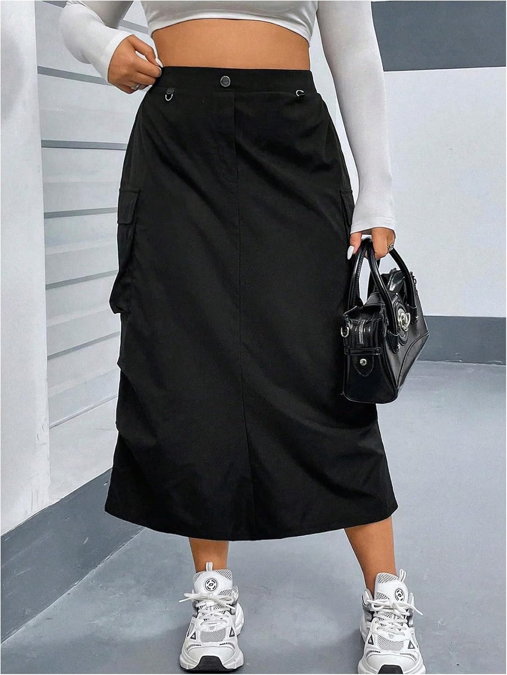 OYOANGLE Women's Plus Size Elastic High Waist Cargo Midi Skirts