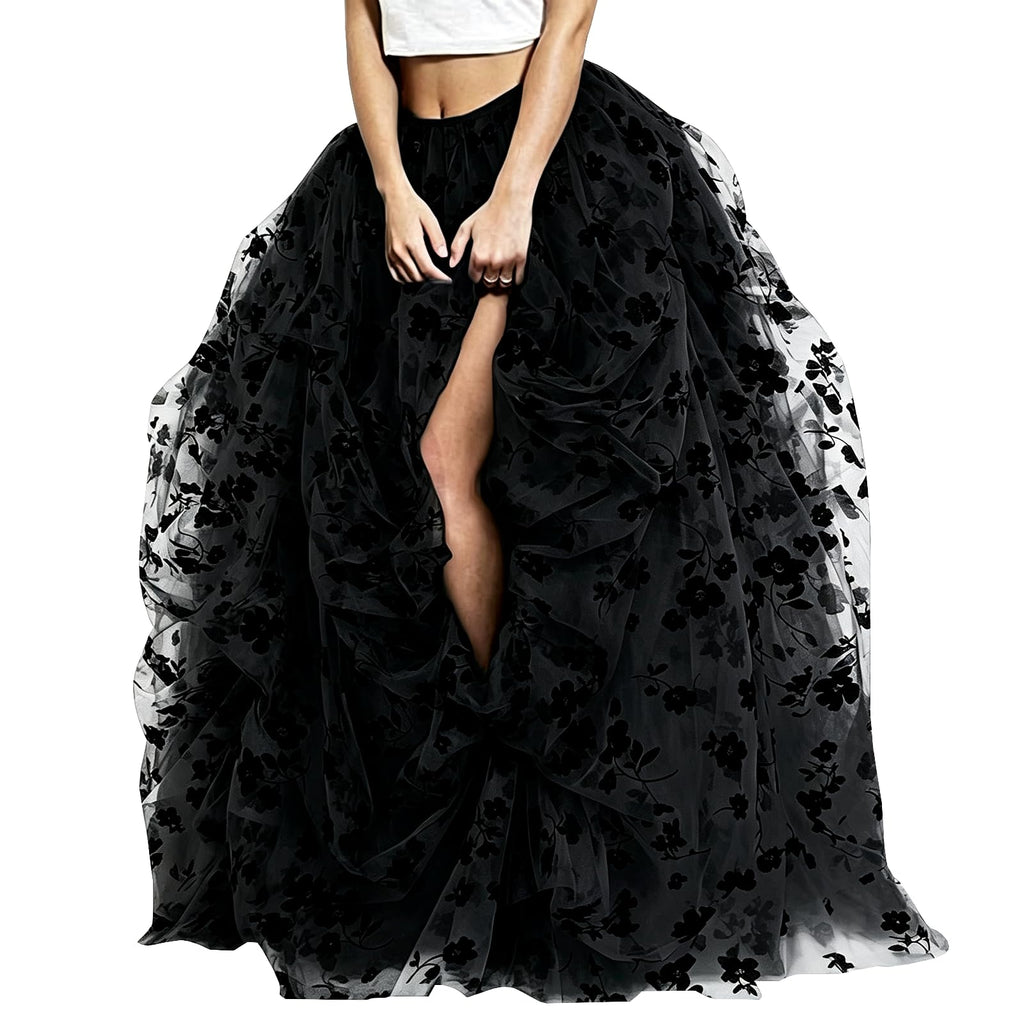 WDPL Women's Long Maxi Slit Tulle Special Occasion Bustle Night Out Skirt