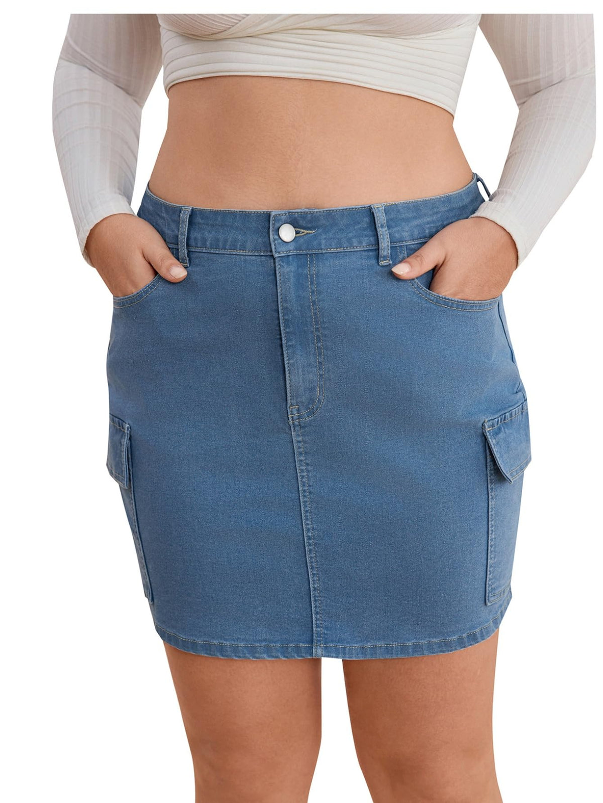 WDIRARA Women's Plus Size High Waist Cargo Denim Skirt Flap Pockets Zipper Fly Bodycon Mini Jean Skirt