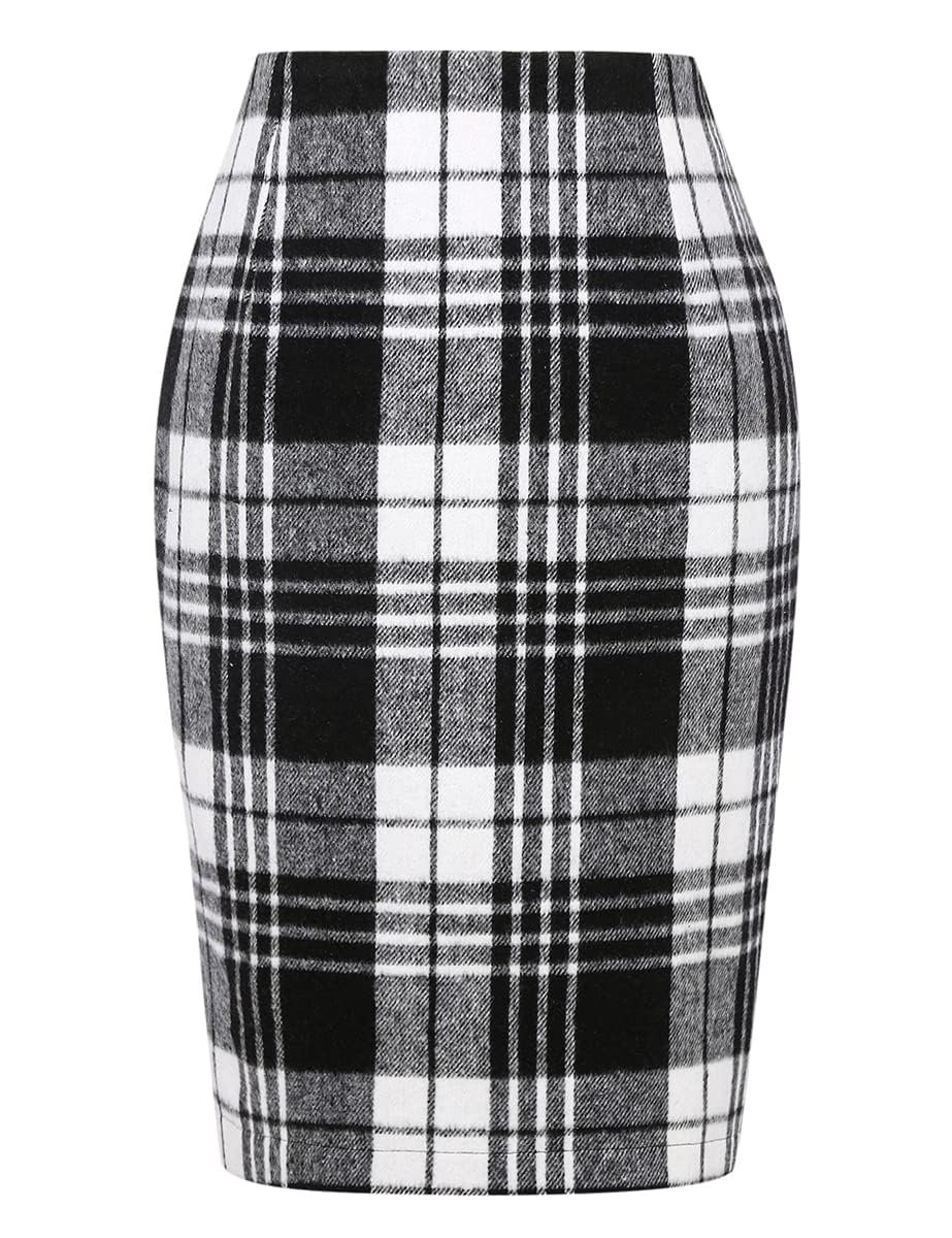 IDEALSANXUN Plaid Skirts for Women Fall Winter Knee Length Pencil Wool Skirt with Slit