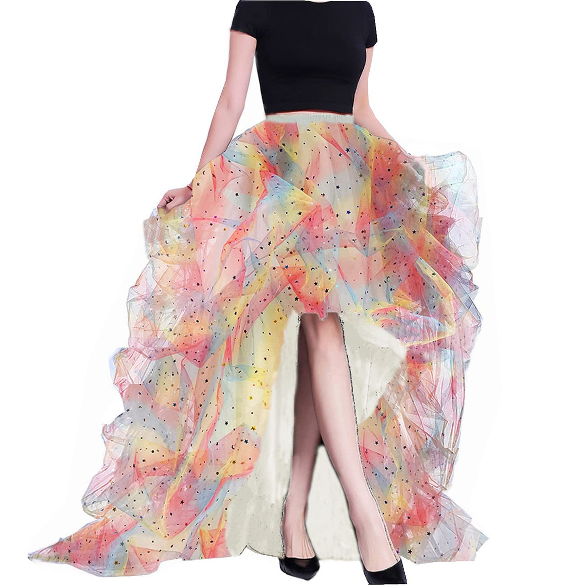 Lisong Women High Waist High Low Layered Tulle Floor Length Spectial Occasion Skirt