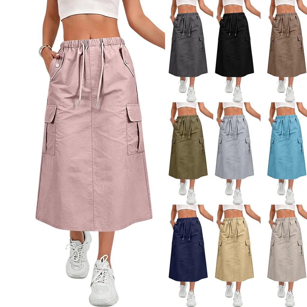 Cargo Skirts for Women Summer Trendy Quick Dry Midi Skirts Drawstring Hiking High Wasited A Line Skirt with Pockets