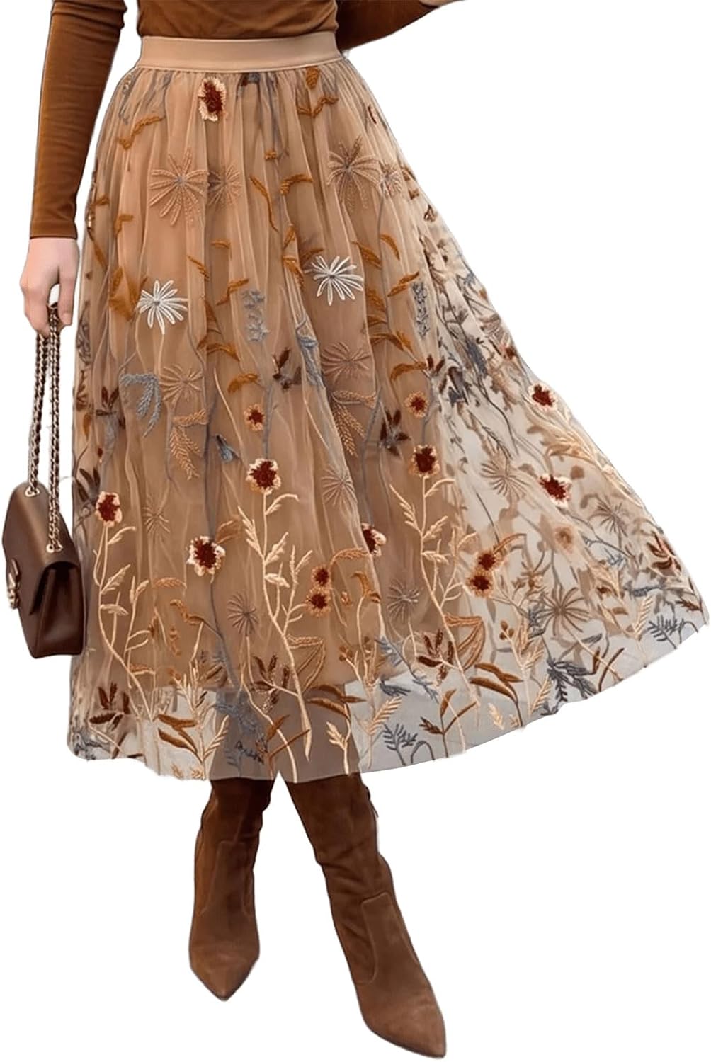 CHICWISH Women Floral Embroidered Tulle Skirt Flared A Line High Elastic Waist Mesh Double-Layered Midi Skirt