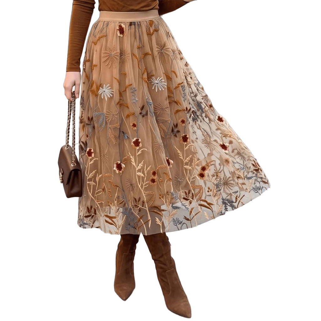 CHICWISH Women Floral Embroidered Tulle Skirt Flared A Line High Elastic Waist Mesh Double-Layered Midi Skirt