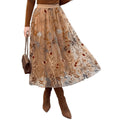 CHICWISH Women Floral Embroidered Tulle Skirt Flared A Line High Elastic Waist Mesh Double-Layered Midi Skirt