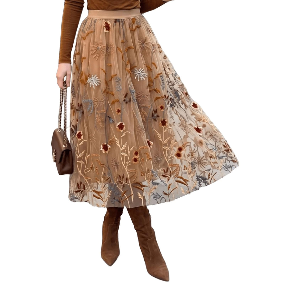 CHICWISH Women Floral Embroidered Tulle Skirt Flared A Line High Elastic Waist Mesh Double-Layered Midi Skirt