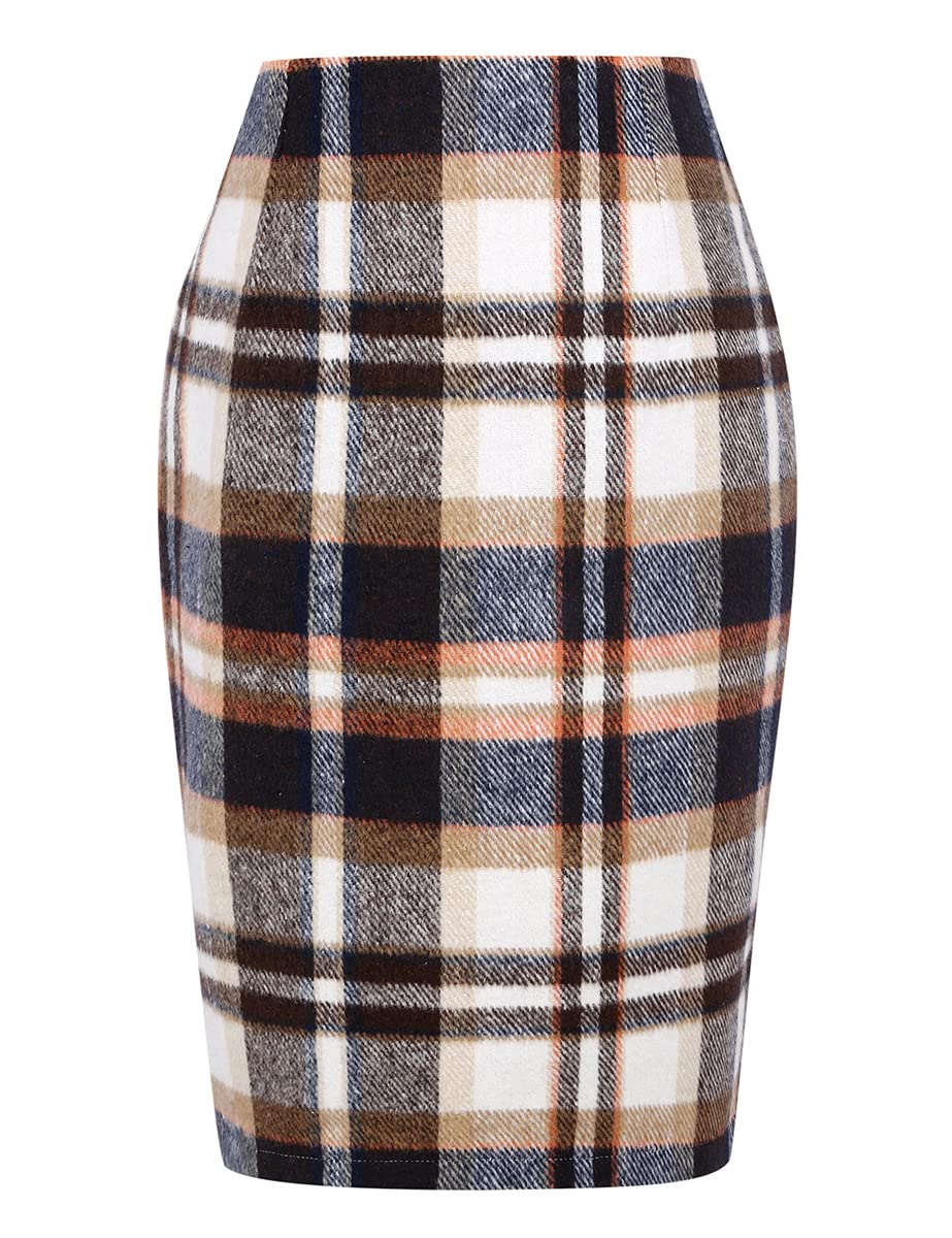 IDEALSANXUN Plaid Skirts for Women Fall Winter Knee Length Pencil Wool Skirt with Slit