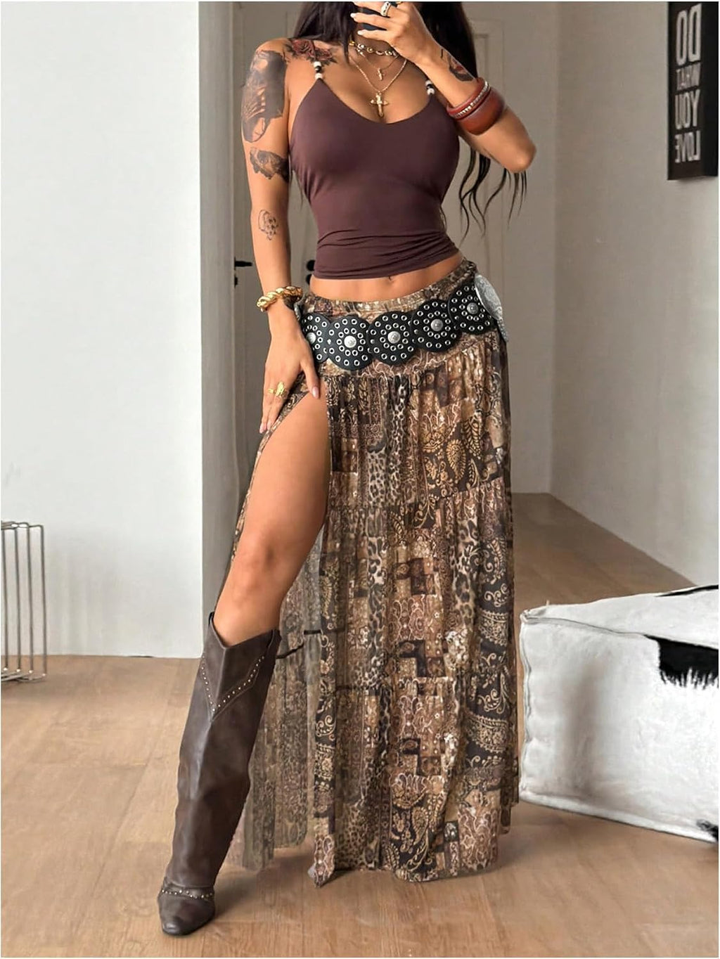 BEAUDRM Women's Paisley Maxi Skirt Western Boho High Slit Flowy Going Out Skirts