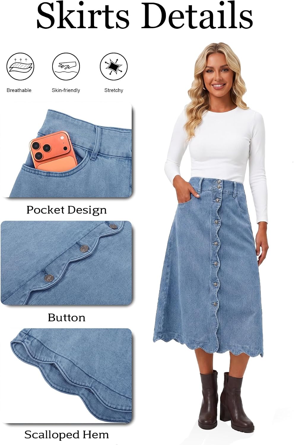 Flowyair Womens Button Down Scalloped Jean Skirt High Waisted Midi Skirts