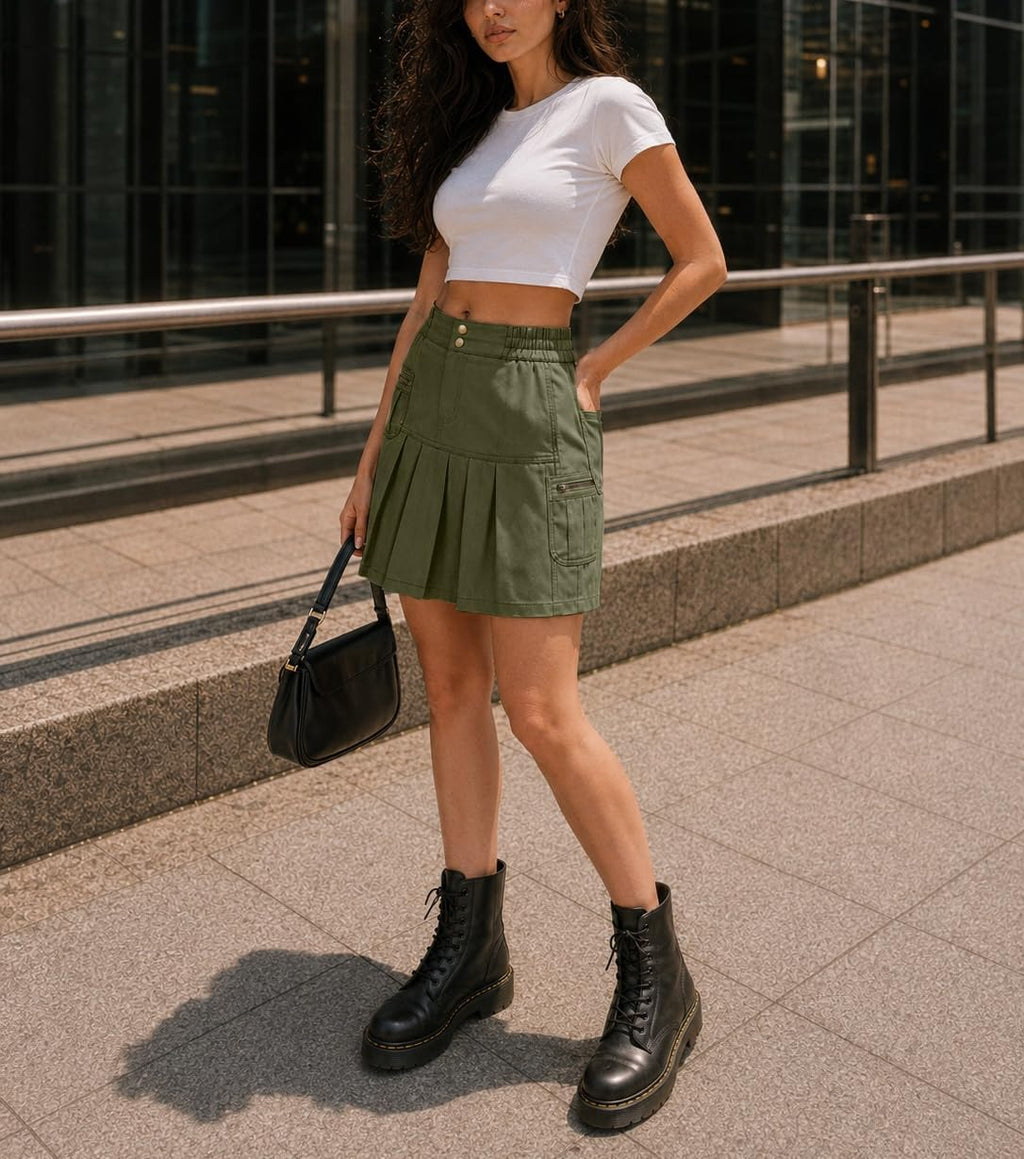 Ladyful Cargo Pleated Mini Skirt for Women Elastic Waist Short Skirt