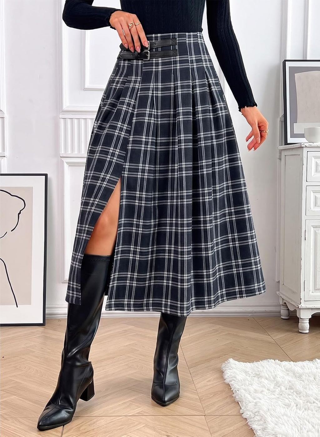 Pink Queen High Waist Side Slit Plaid Skirts for Women Midi Length