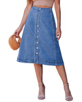 luvamia Jean Skirts for Women Trendy Midi Length A Line Western Casual Button Down Stretchy Denim Skirt with Pockets