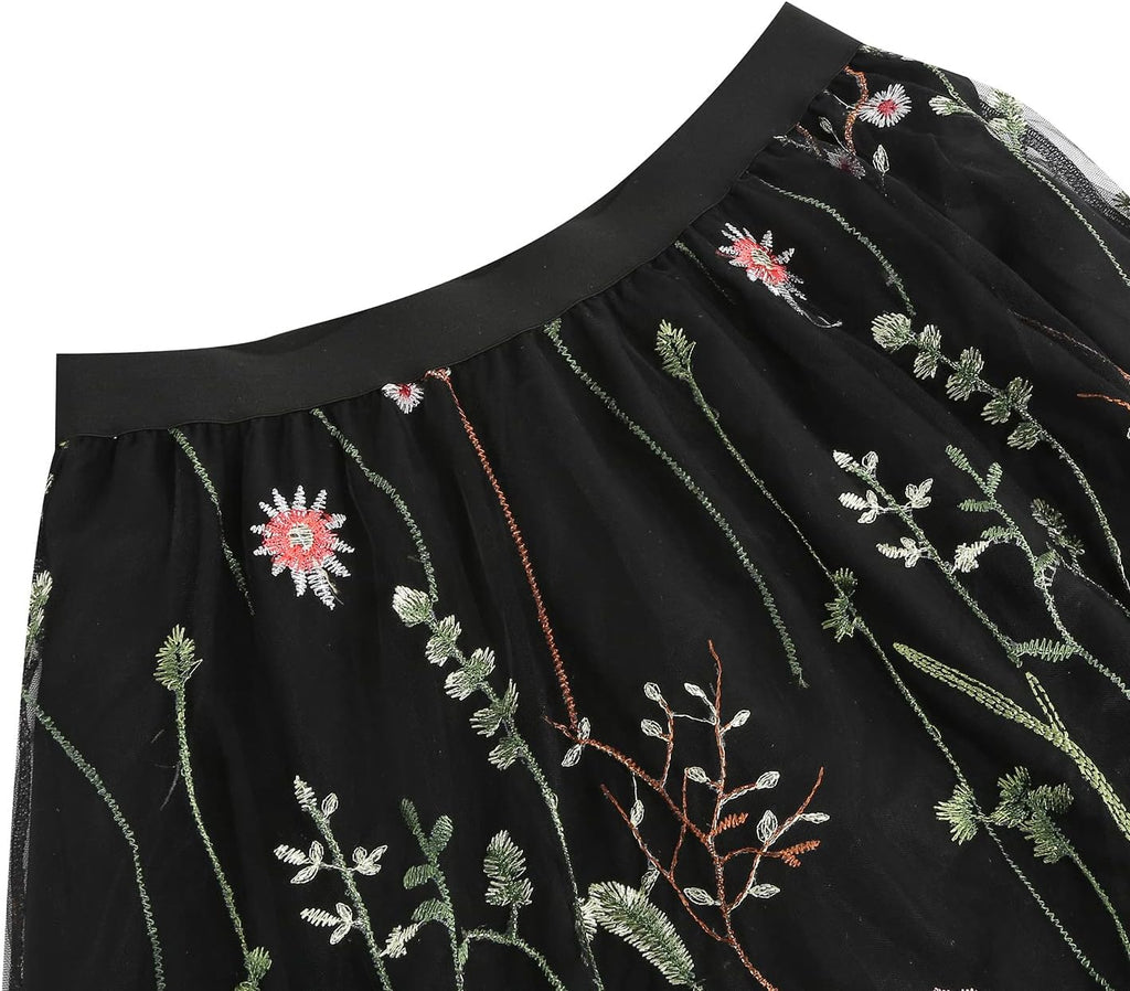 Women Vintage Floral Embroidered Tulle Midi Skirt 50s Party Elastic High Waist A-line Swing Skirts
