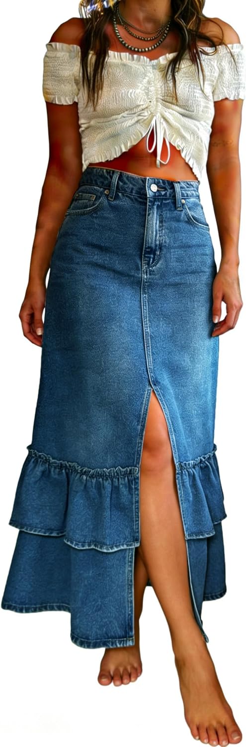 utcoco Women's High Waist Long Denim Skirt Sexy Slit Tiered Ruffle Swing A-Line Jean Maxi Skirt with Pockets
