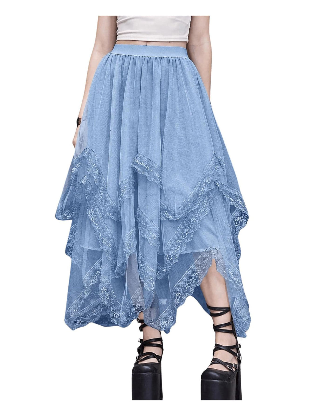 SHENHE Women's Lace Trim Layered Mesh Tulle Skirt Asymmetrical Goth Skirt