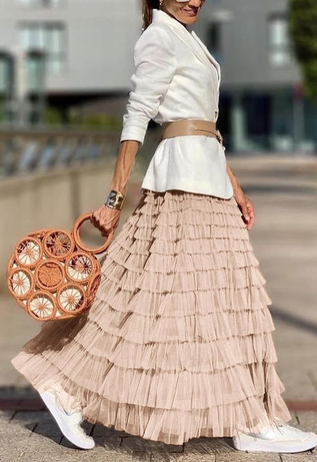 Flygo Women Long Maxi Tiered Tulle Skirts A Line Ruffle Layered Fairy Skirt