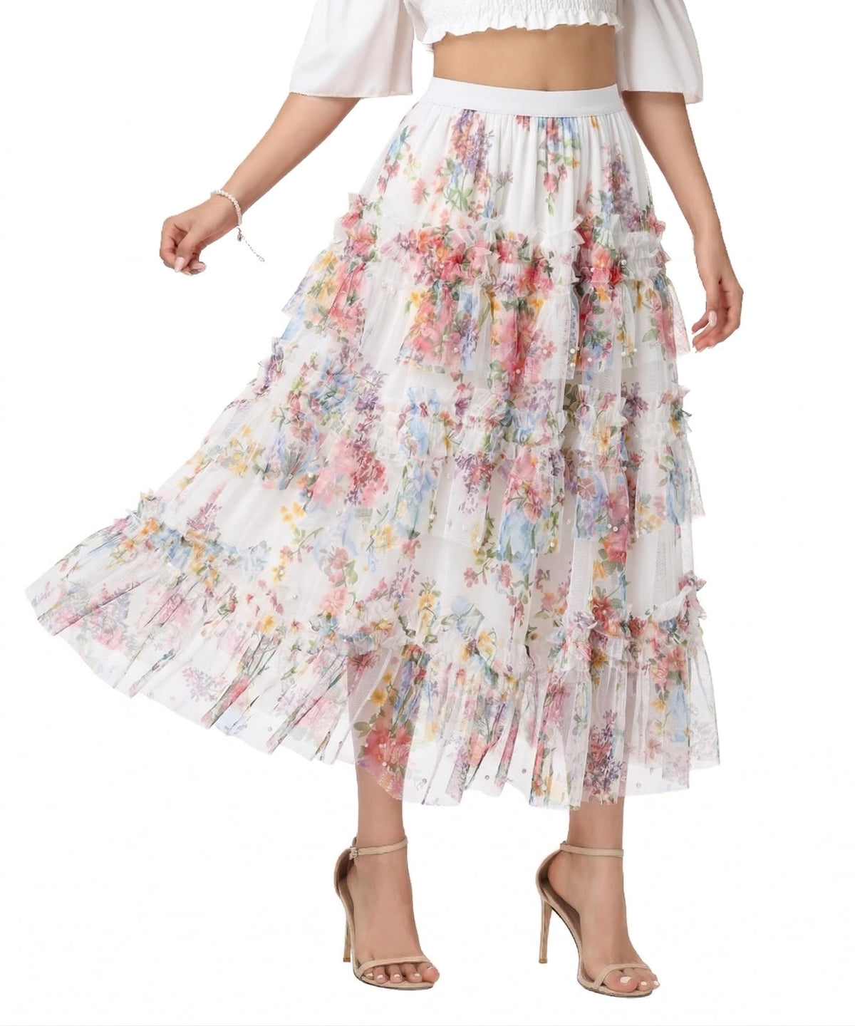 Sparkly Tulle Skirt for Women Floral Beaded Tiered Midi Length High Waist A Line Fairy Cake Party Skirt