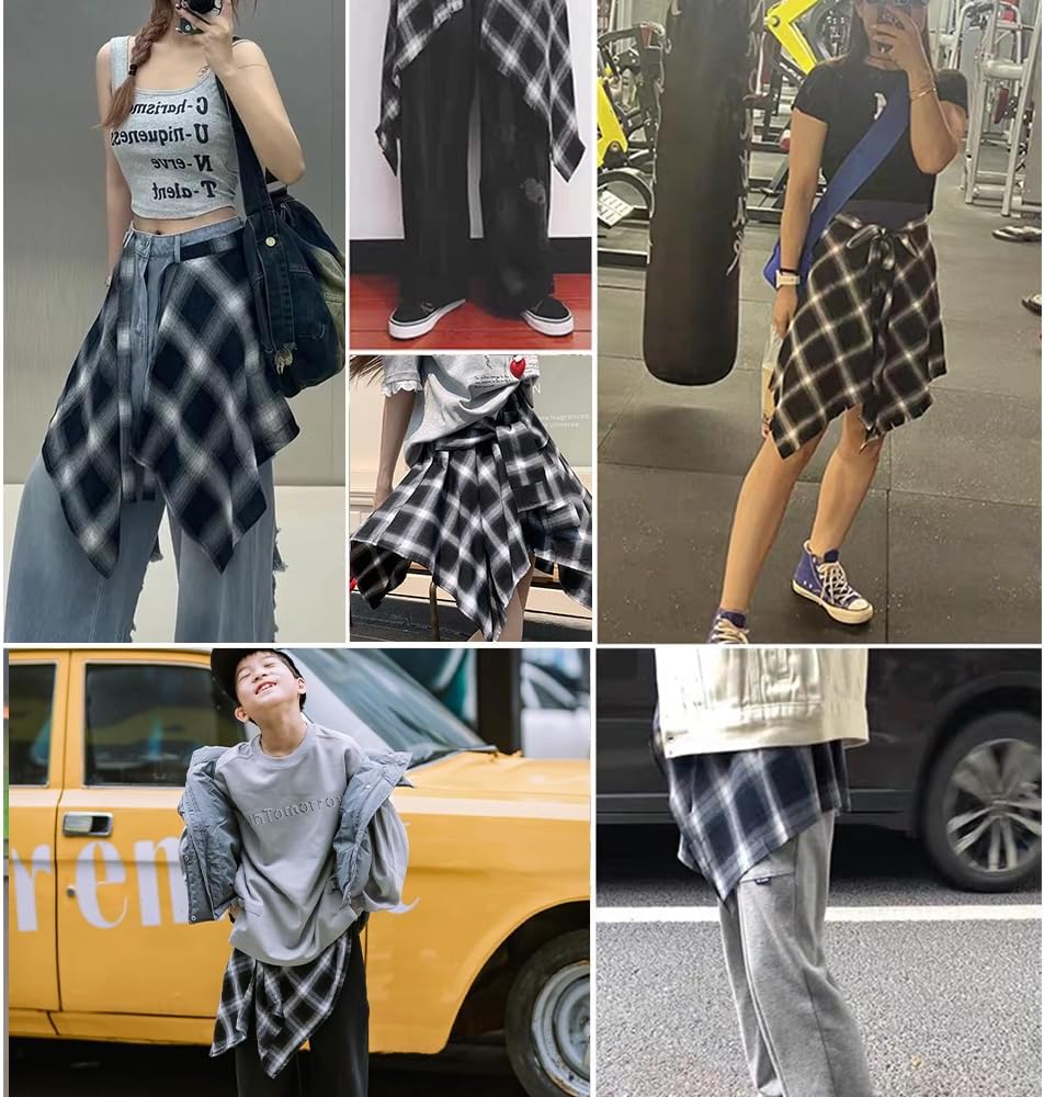 OULIGET Women's Grunge Mini Plaid Skirt,Hip-Hop One-Piece Tie Up Asymmetrical Skirt,Y2k Overlapping Jeans Decorate Skater