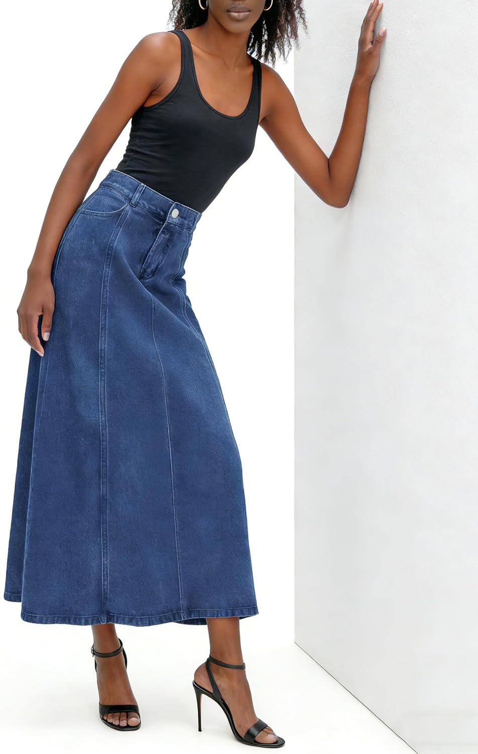 utcoco Women's Stretch High Waisted Denim Skirt Flowy A-Line Jean Maxi Skirt with Pockets